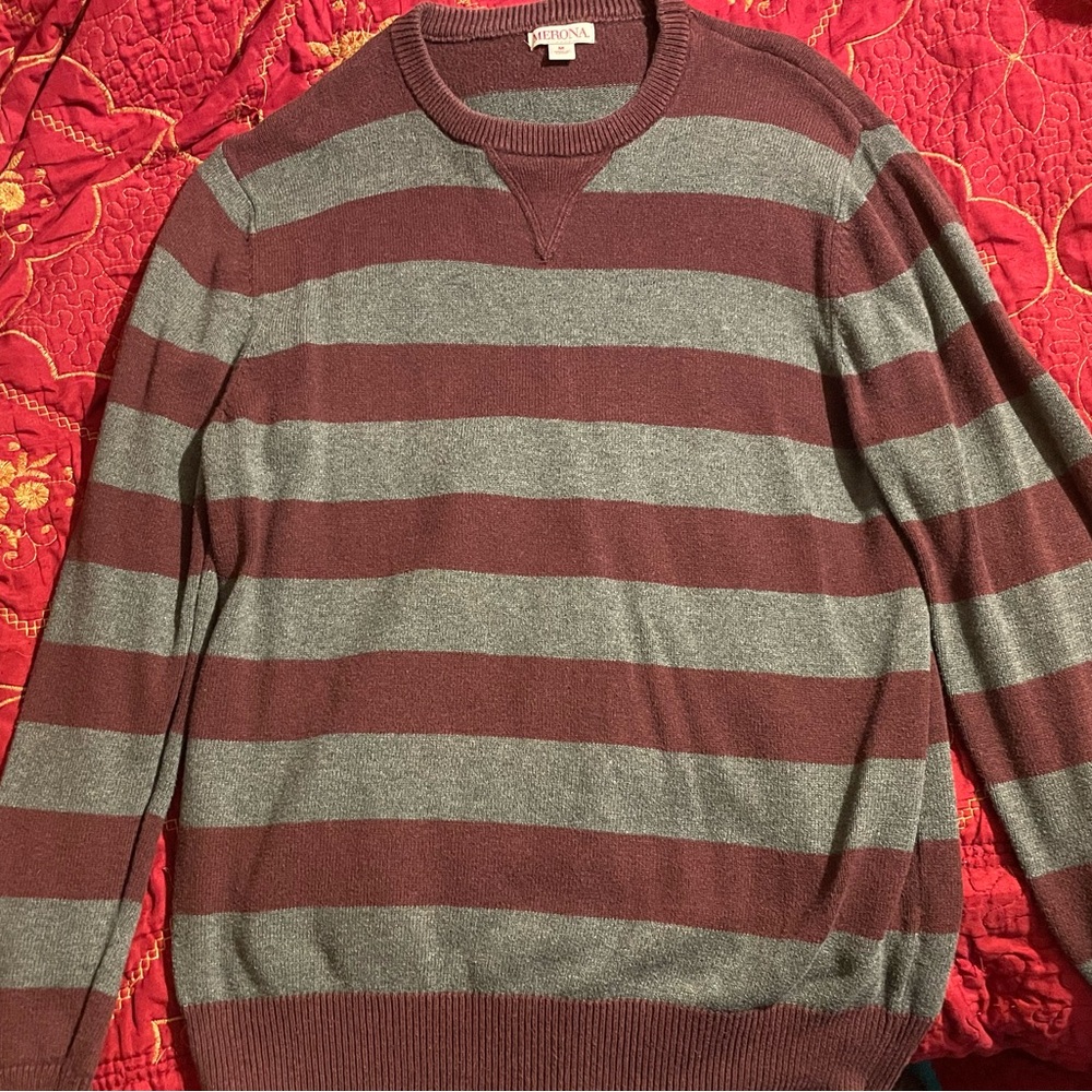 Merona Men's Crewneck Sweater - Maroon and Gray Stripes